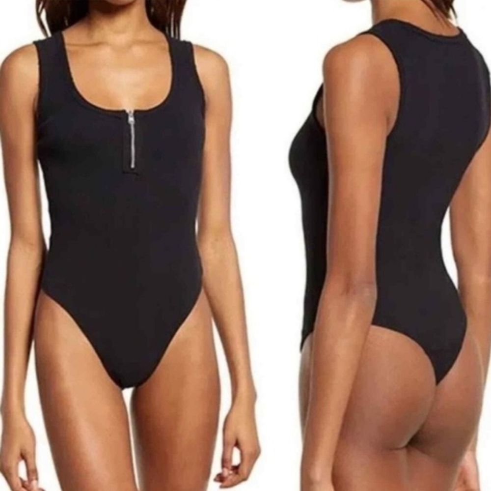 All Saints Ribbed Zipper Detail Body Suit (Coral)